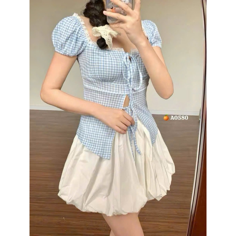 Áo babydoll nữ kiểu Linen tay phồng nơ ngực công chúa, ÁO CARO CỔ VUÔNG CỘT DÂY NHN001