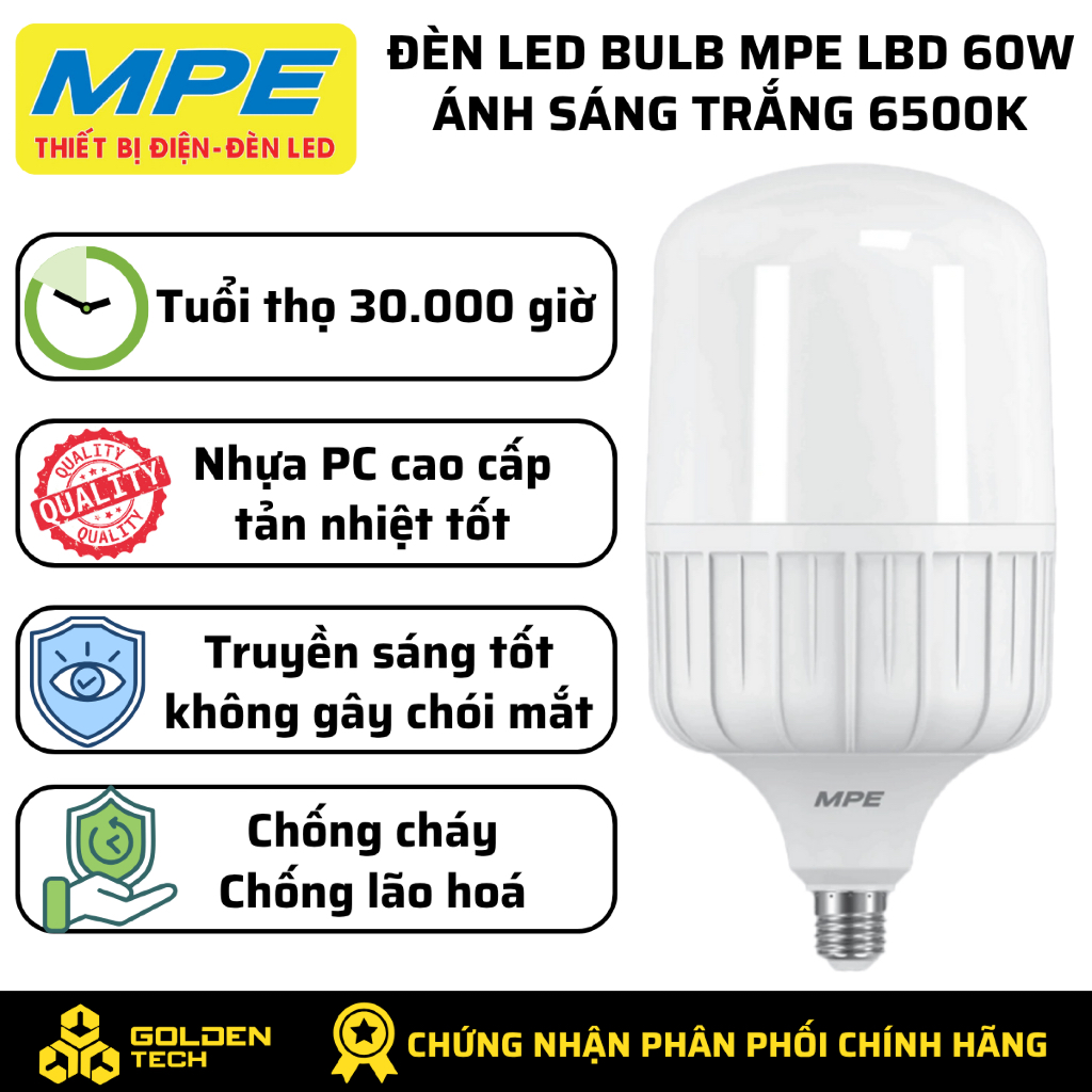 Đèn Led Bulb LBD MPE 60W Ánh sáng trắng 6500K Nhựa PC cao cấp, Chống cháy Chống lão hoá LBD-60T