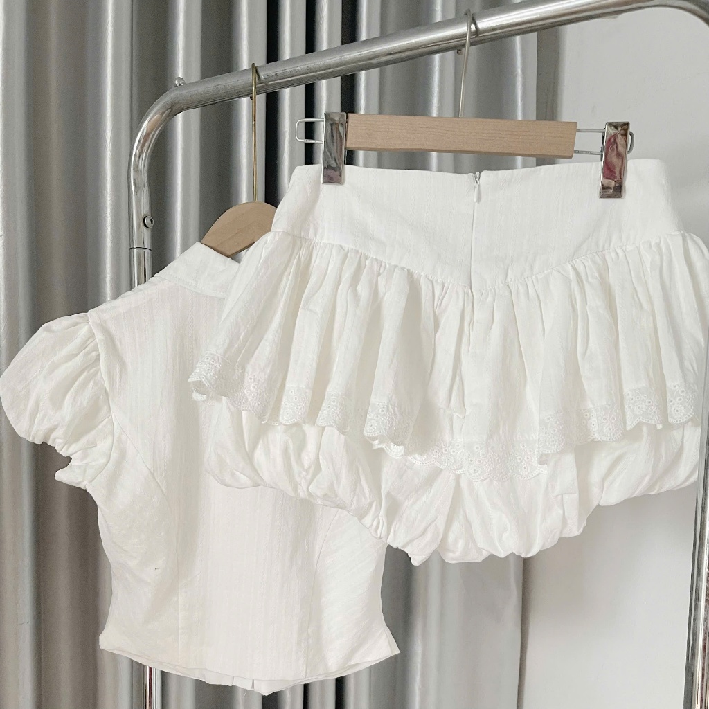 Set áo sơ mi tay bồng + Quần bí giả váy HH106 HaLuu Store phong cách năng động trẻ trung cho nữ | BigBuy360 - bigbuy360.vn