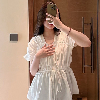   HÀNG CÓ SẴN  Áo nữ linen nhún có dây buộc MIZU SHIRT màu trắng form rộng mùa hè 