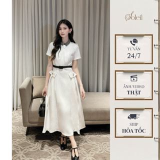 Váy Đầm Nữ Colin Dress Thiết Kế Soleil Dáng Dài Xòe Cổ Sơ Mi Đính Đá Phối Cà Vạt Ngắn Kèm Belt VD82