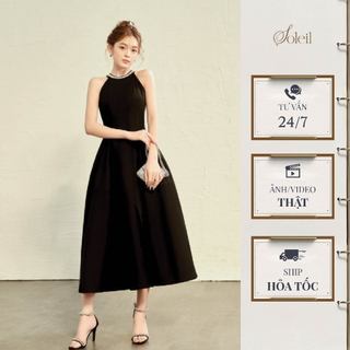 Váy Đầm Nữ Dáng Dài Đen Cổ Yếm Đính Đá SOLEIL Xẻ Vạt Trước Chiết Eo Tôn Dáng - FANCY DRESS VD73