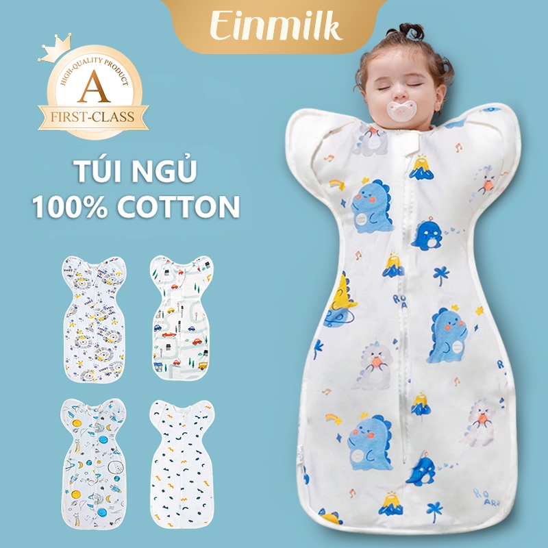 Einmilk Túi ngủ quấn, túi ngủ quấn cho trẻ sơ sinh, mở bằng cotton nguyên chất, khóa kéo hai chiều
