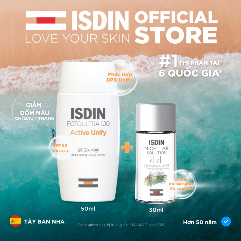 [COMBO ĐỀU MÀU DA] - Sữa chống nắng ISDIN Fotoultra Active Unify SPF50 50ml + Tẩy trang ISDIN Micell