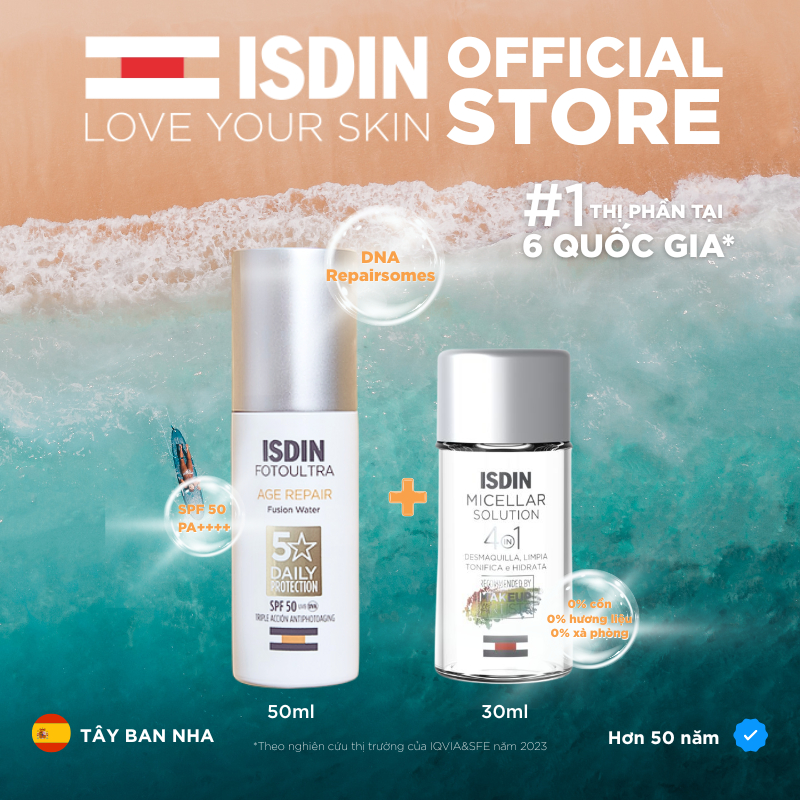 [COMBO CHỐNG LÃO HÓA] - Sữa chống nắng ISDIN Fotoultra Age Repair SPF 50 50ml + Tẩy trang ISDIN Mice