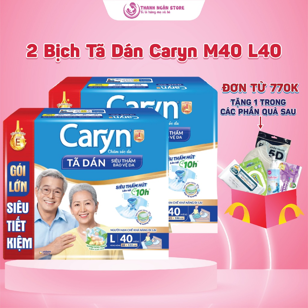 Combo 2 Bịch Tã Dán Caryn Siêu Thấm M40 L40+4 XL20- Caryn Gói Lớn Tiết Kiệm - Bỉm Tã Cho Người Già -
