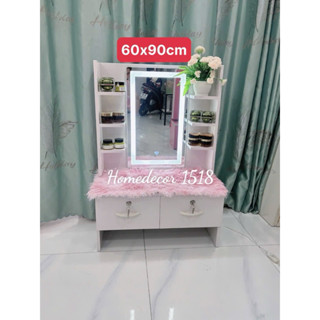 J16[TẶNG THẢM LÔNG TRẢI BÀN]Bàn trang điểm ngồi bệt bàn phấn mini có gương Vuông đèn led cảm ứng 3 màu,thiết kế 2 ngăn