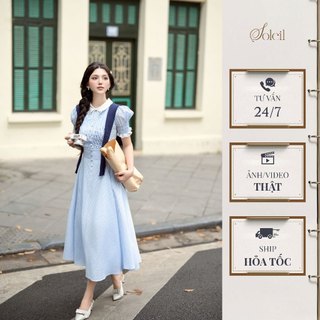  Váy Thiết Kế Nữ Dáng Dài SOLEIL Cổ Sen Phối Xanh Kẻ Sọc - JIMIN DRESS  Không kèm khăn choàng  VD27 