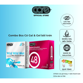  Bao cao su có gai CARE 48 hương dâu 3 bcs gai kéo dài thời gian và Gel bôi trơn gốc nước hộp 5 gói. 