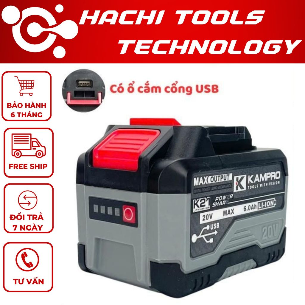 Pin KAMPRO ULTRA 15Cell 6.0Ah Mạch 4 Mosfet Bảng Mạch To Chống Ngắt Tải Có Cổng Cắm USB Có Đèn Led B