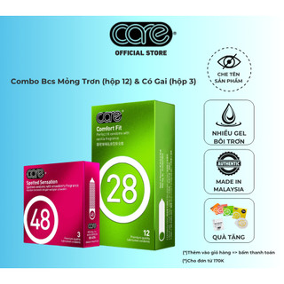  Combo bao cao su mỏng nhiều gel bôi trơn kéo dài thời gian CARE 28-12s và bcs có gai CARE 48-3s 