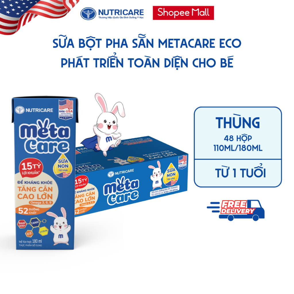 Thùng 48 Hộp Sữa Bột Pha Sẵn METACARE ECO Nutricare Tăng Cân Chiều Cao Tăng Sức Đề Kháng Từ 1 Tuổi Với Sữa Non 24H