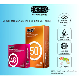  Bao cao su có gai gân CARE 50 - hộp 12 cái và bcs gai CARE 48 hộp 3 cái nhiều gel bôi trơn  15 bcs   