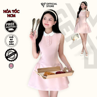 Đầm Hồng Dễ Thương GenY Cổ Sen Cài Nút Phối Bèo Dáng Xoè Sang Trọng Đầm tiểu thư xinh xắn V05