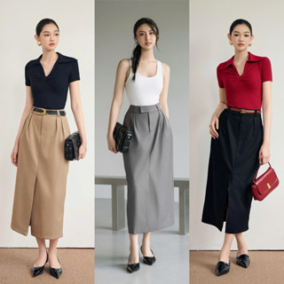 chân váy xẻ tà trước xếp li hông Giselle HOIVU