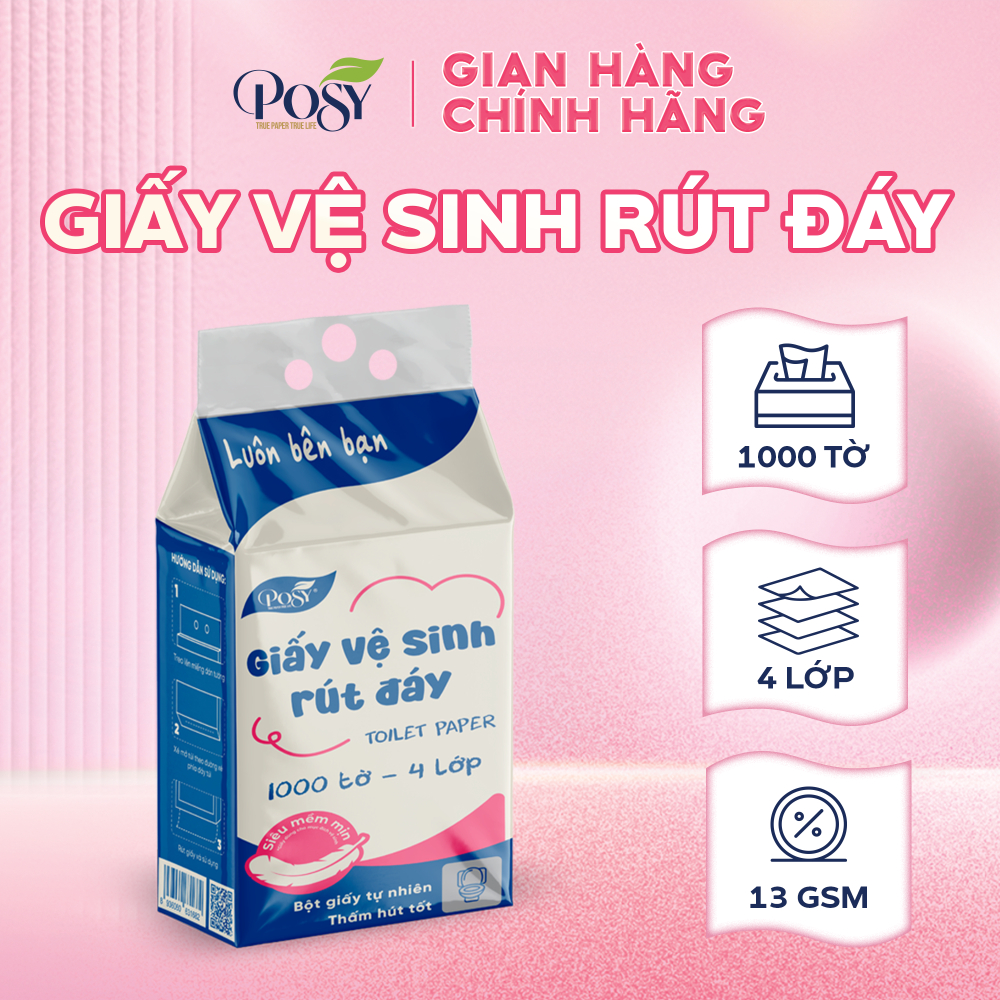 [MẪU MỚI HZ chính hãng] Thùng 6 bịch giấy vệ sinh rút đáy POSY 1000 tờ 4 lớp