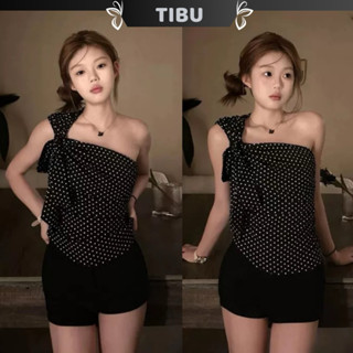  Áo Lệch Vai Cột Nơ Chấm Bi Lạ Mât TIBU Áo Kiểu Nữ Dễ Thương Hottrend Đi Chơi Dạo Phố A556 