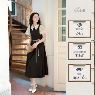 Váy Nữ Tay Bồng Thiết Kế Dáng Dài SOLEIL Cổ Điển Phối Nơ Đá Thắt Eo Tiểu Thư - LÉNA DRESS VD24
