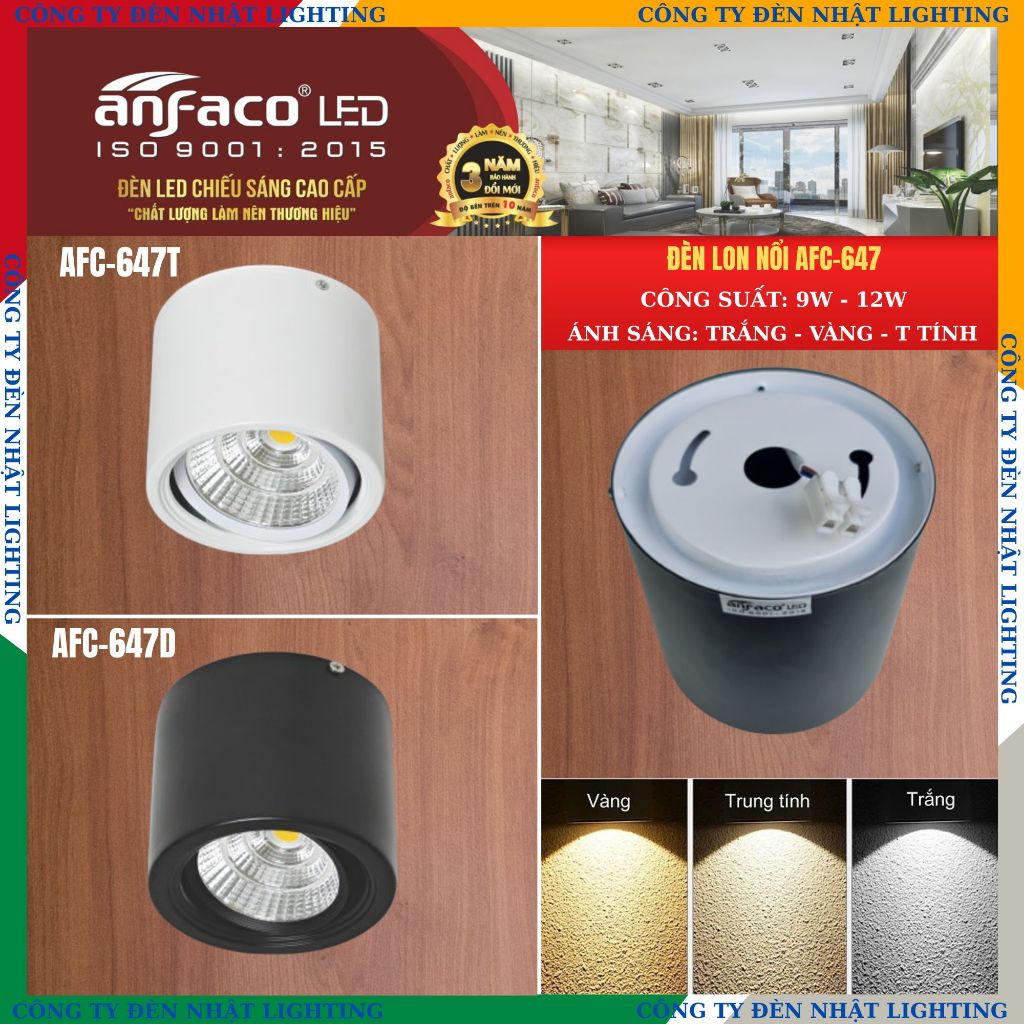 [CTY NHẬT LIGHTING] Đèn lon nổi chính hãng ANFACO 647 - 7W 12W màu đen, trắng