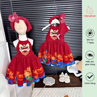 [10-29kg] Váy yếm đỏ truyền thống hoạ tiết trung thu tặng kèm mấn và kẹp tóc hoa lan cho bé gái dễ thương