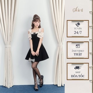  Váy Đầm Thiết Kế Nữ Chiết Eo Dáng Xòe Ngắn Cổ Vuông Vai Phối Nơ Be Đính Đá Đen Tiểu Thư SOLEIL - Sterling Dress VD03 