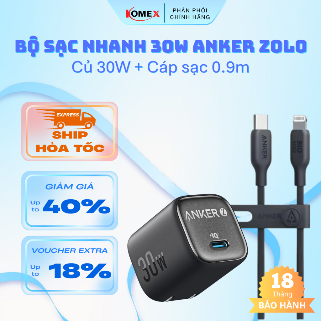 Bộ sạc nhanh 30W Anker Zolo, Chống quá tải nhiệt, Củ 30W 1C & Cáp CtoC & Cáp CtoL A2698+A80B1/A80F1