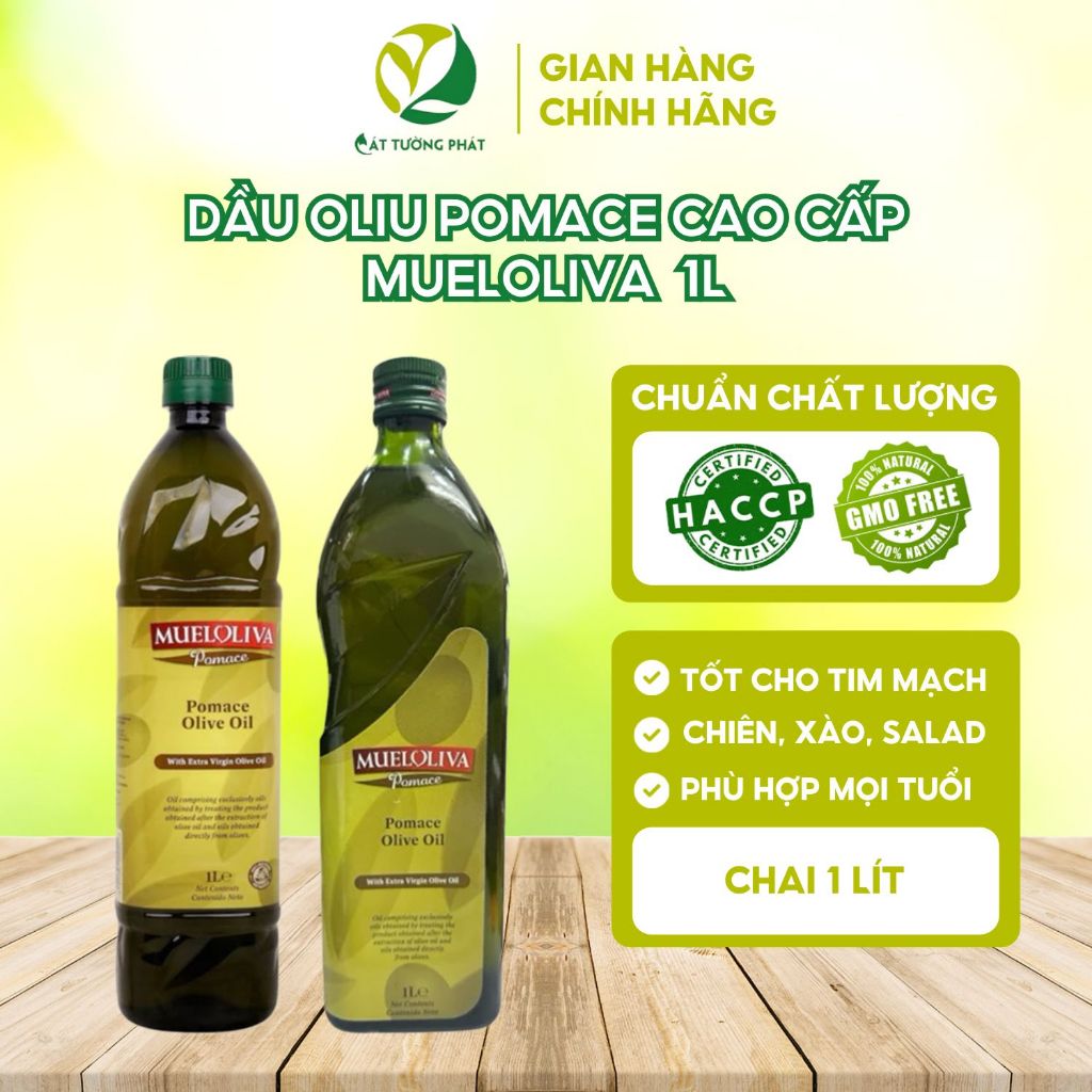 Dầu Oliu Pomace Cao Cấp Mueloliva 1L – Nhập khẩu Tây Ban Nha – Dùng chiên xào ở nhiệt độ cao