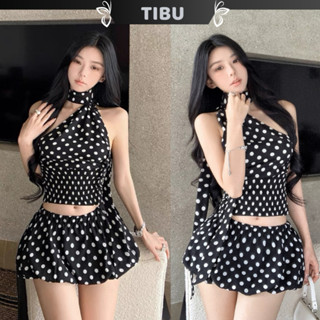 Set Áo Chấm Bi Lệch Vai Dây Choàng Phối Chân Váy Bí TIBU Set Đồ Nữ Dễ Thương Đi Chơi Dạo Phố Sang Chảnh B558