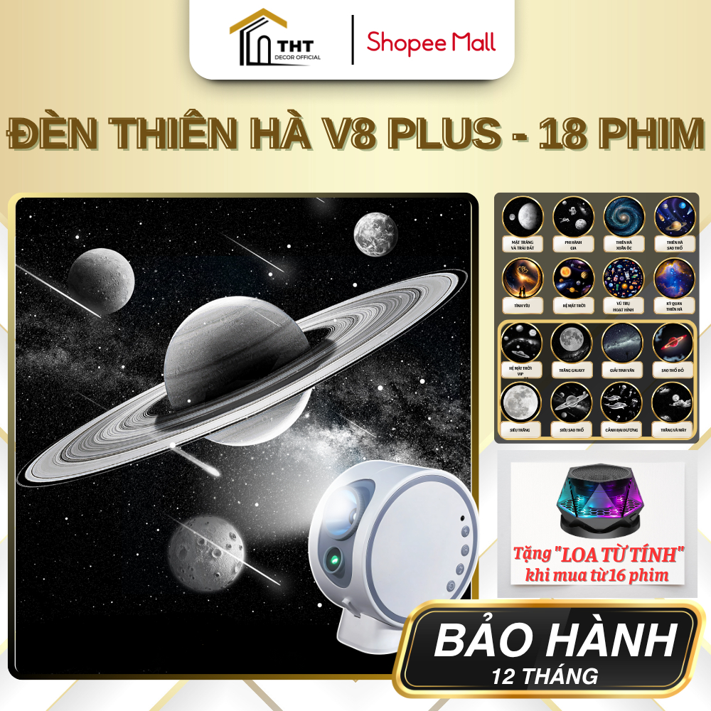 Đèn Thiên Hà V8 Pro THT DECOR Đèn Chiếu Sao Vũ Trụ Cao Cấp Đèn Galaxy V8 Kết Nối Bluetooth 18 Phim Nhạc Trắng Ngủ Ngon