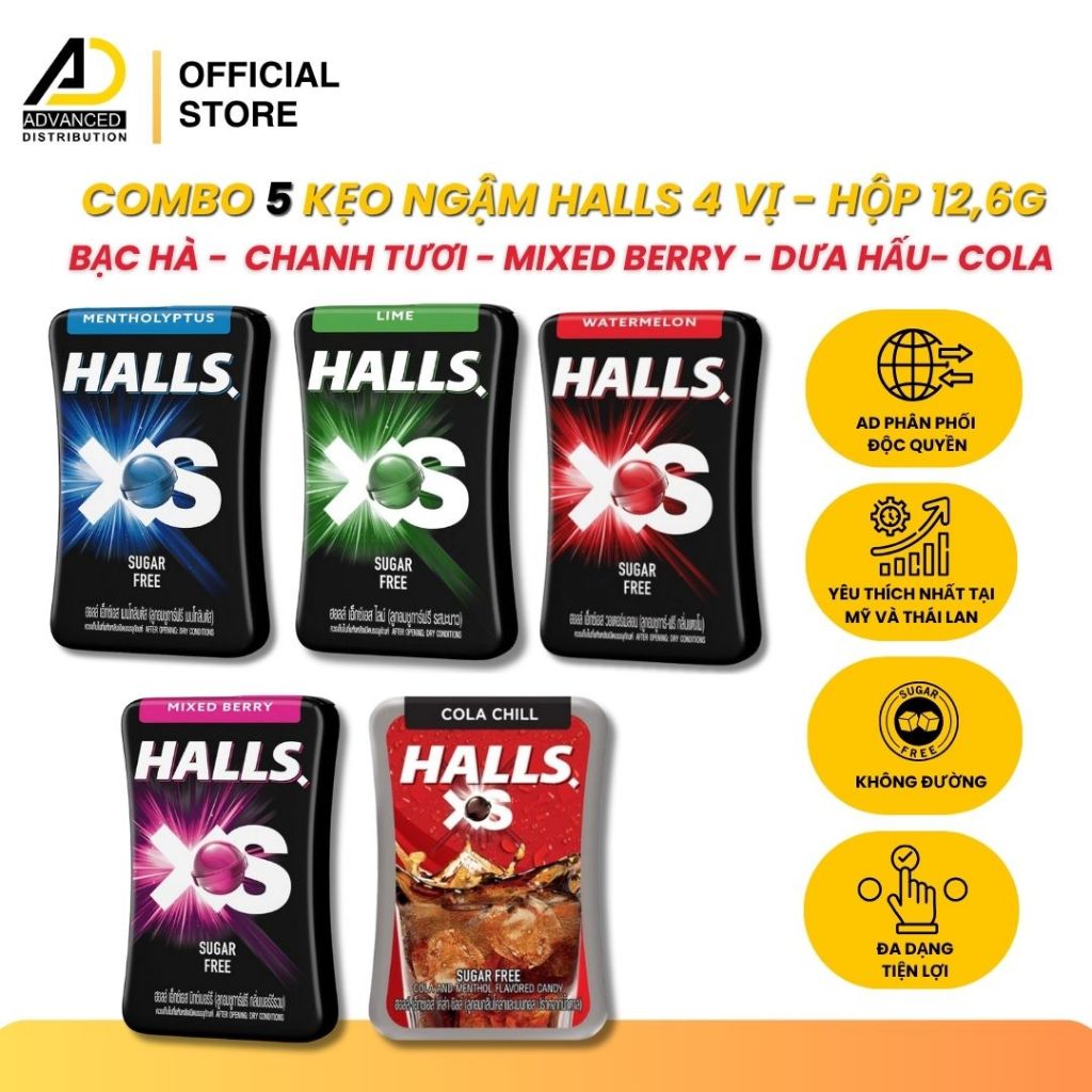  COMBO 5 Kẹo Ngậm Halls 4 Vị - BẠC HÀ - CHANH TƯƠI - MIXED BERRY - DƯA HẤU -COLA - Hộp 12,6g 