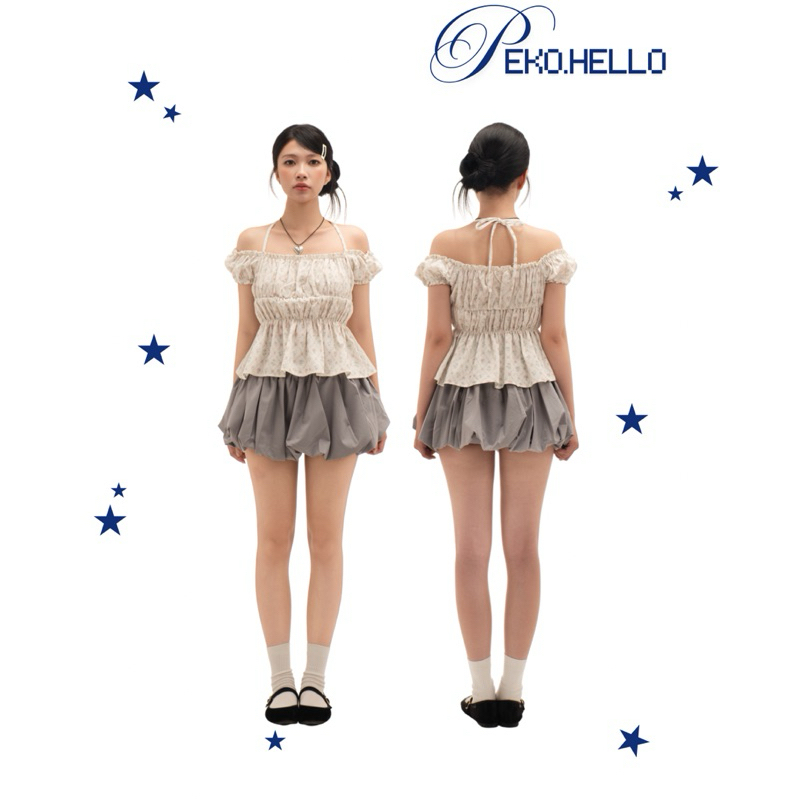 PEKOHELLO - Áo trễ vai dây thắt yếm hoạ tiết hoa nhí coquette Micha top