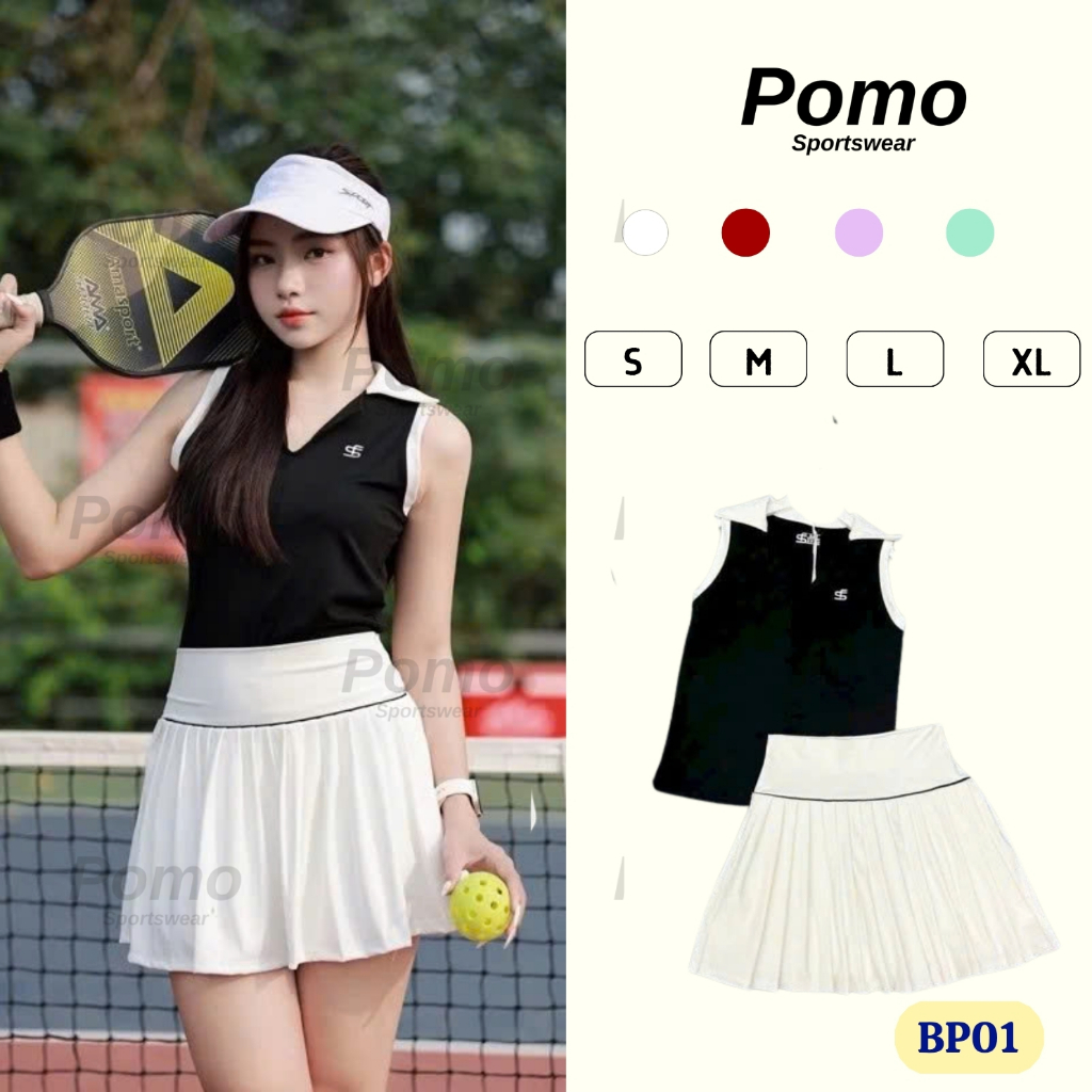Set Bộ Thể Thao Nữ Áo Polo Mix Chân Váy Xếp Ly Co Giãn Mềm Mịn Tập Tennis, Cầu Lông, Pickleball BP01