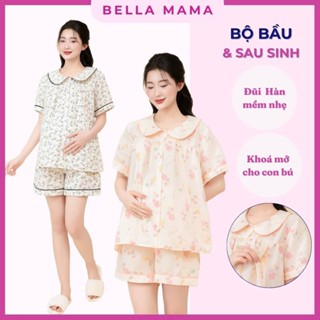 Bộ Bầu Mặc Nhà Bella Mama Chất Đũi Hàn Mềm Mịn Mát Mùa Hè Đồ Bầu Sau Sinh Có Khóa Kéo Ngực Và Chun Chỉnh Bụng Bn24