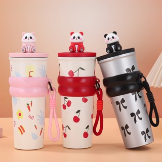  Ly giữ nhiệt 700ml dễ thương kèm ống hút nắp có móc gấu trúc treo giữ nóng lạnh lâu phù hợp học tập đi làm 