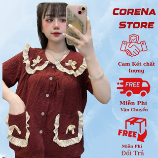  Bộ đồ ngủ CoreNa bánh bèo tiểu thư cộc đùi xinh xỉu chất Đũi Vân Mây size M L   sz từ 40- 65kg  