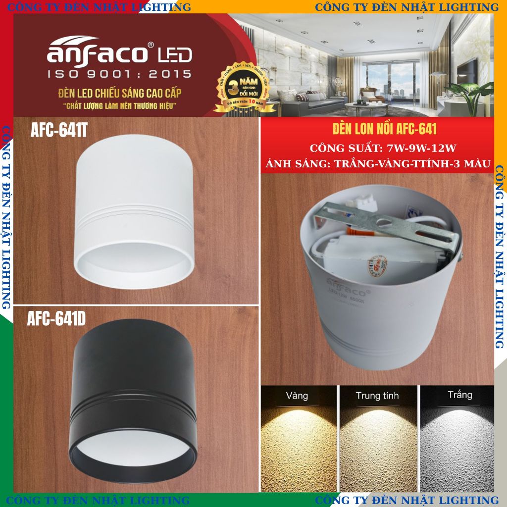 [CTY NHẬT LIGHTING] Đèn lon nổi, đèn led downlight chính hãng ANFACO 641 - 9W màu đen, trắng
