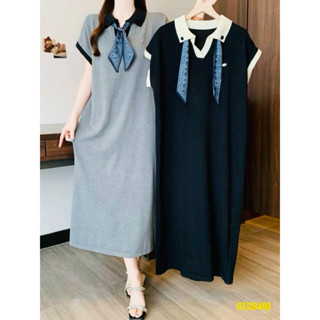 Váy YT127, Đầm Polo Phối Mầu Cổ Kèm Khăn From Rộng Dáng Dài Chất Cotton