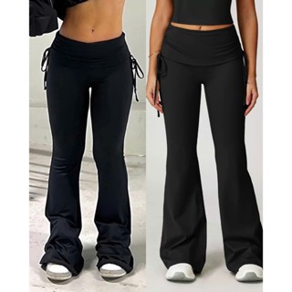  Quần thun dài ống loe cạp thấp thiết kế bản to dây rút y2k Unnie2019 Quần thun dài co giãn tốt thoải mái vận động 