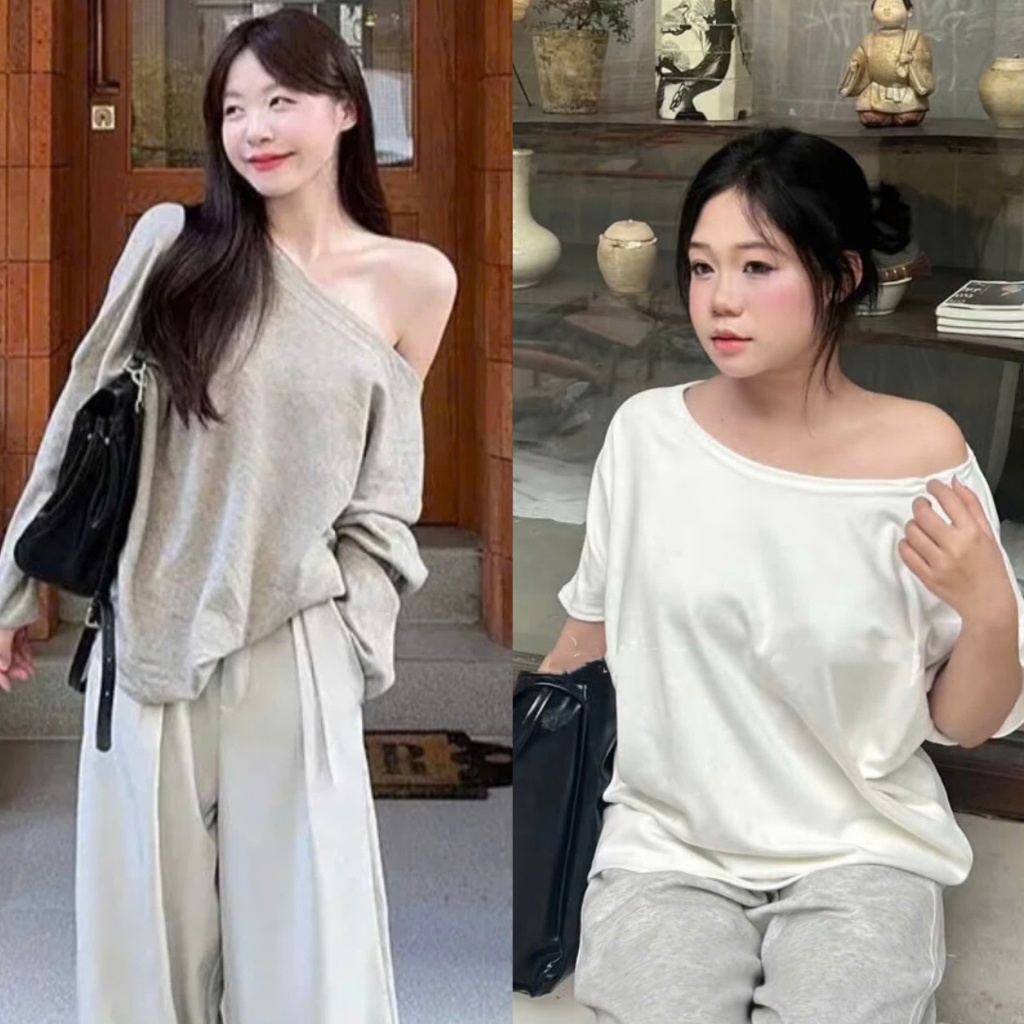 ( Lẻ Áo ) : Áo Lệch Vai Nữ Dáng Rộng 2 From Ngắn Và Dài Chất Lông Thỏ Mềm Mại Phong Cách Trẻ Trung D
