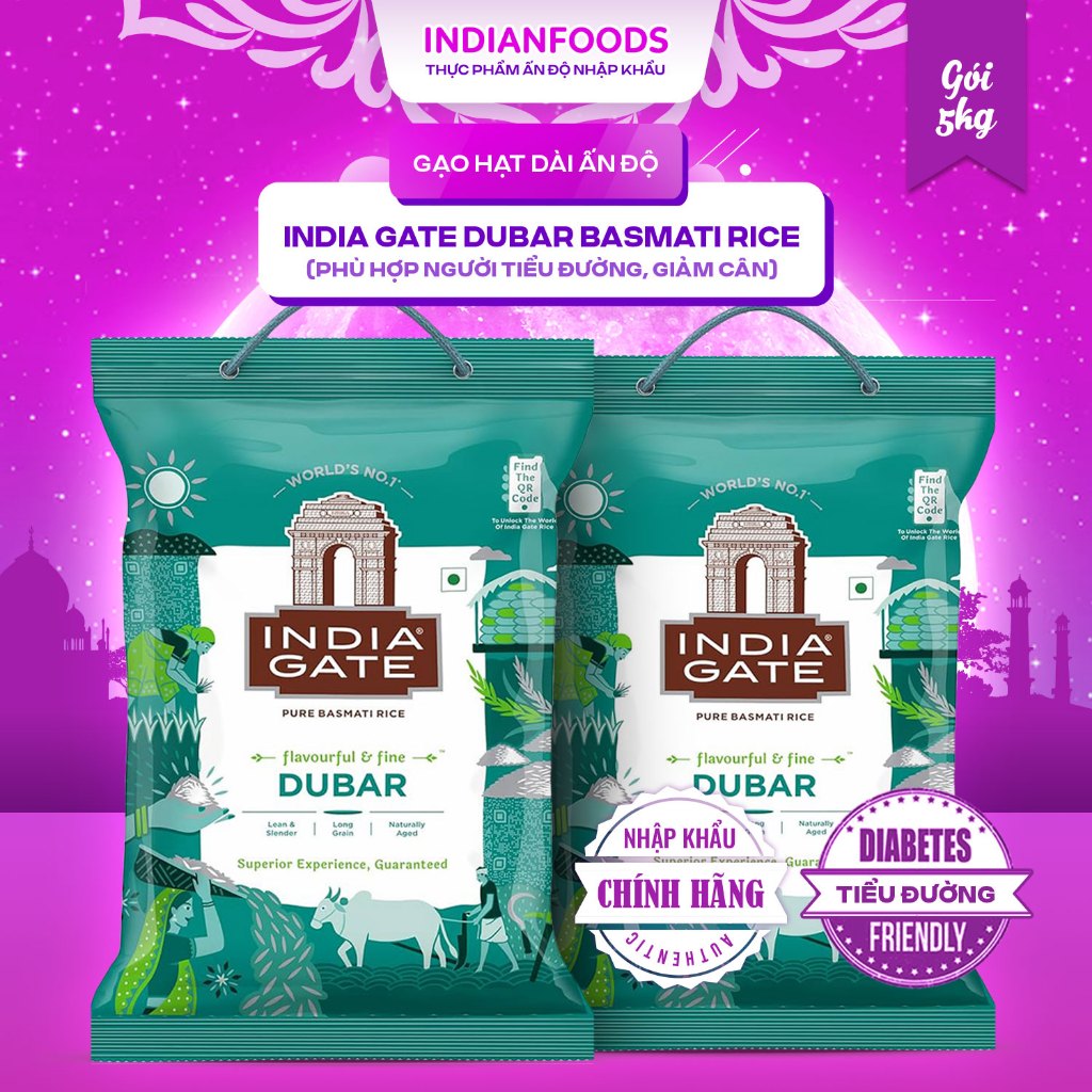 Gạo Ấn Độ INDIA GATE Basmati Rice Dubar 5kg cho người tiểu đường
