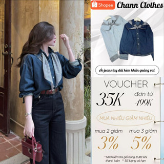 Áo sơ mi nữ, áo jeans tay dài kèm khăn quàng vai phong cách Hàn Quốc sang chảnh pha chút cá tính HCOM25762