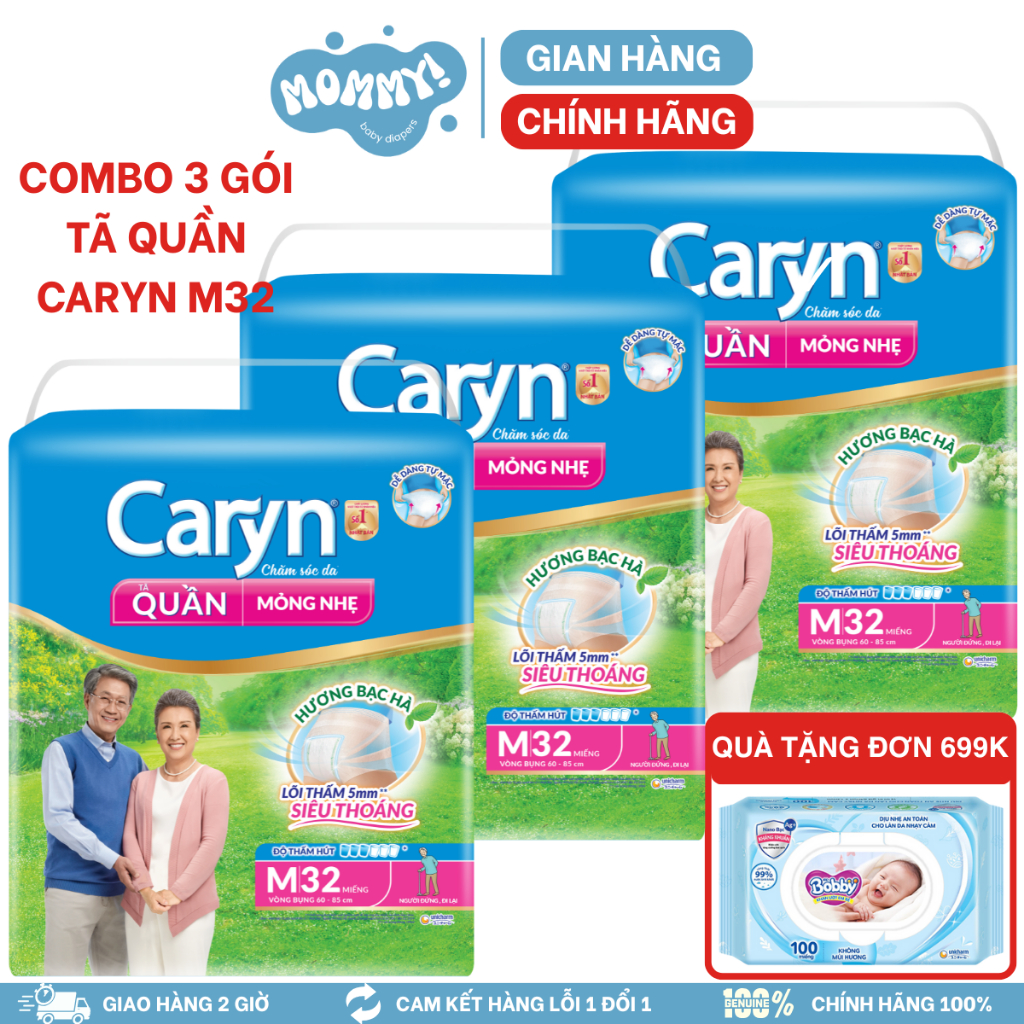 [COMBO 3 GÓI] Tã quần người già Caryn mỏng nhẹ/Siêu thấm Size M32/M16/L28/L14/XL24/XL12 miếng-MOMMY!