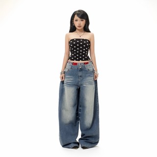 [ RETRO CHIC POLKA ] Áo ống tube chấm bi 2 lớp đan dây lưng - Quần jeans wash 3D xanh đậm l BY DANEJI