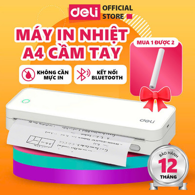 Máy In Nhiệt A4 Deli Mini Bluetooth Nhỏ Gọn, Máy In Cầm Tay Không Cần Mực Kết Nối Qua Điện Thoại Máy Tính