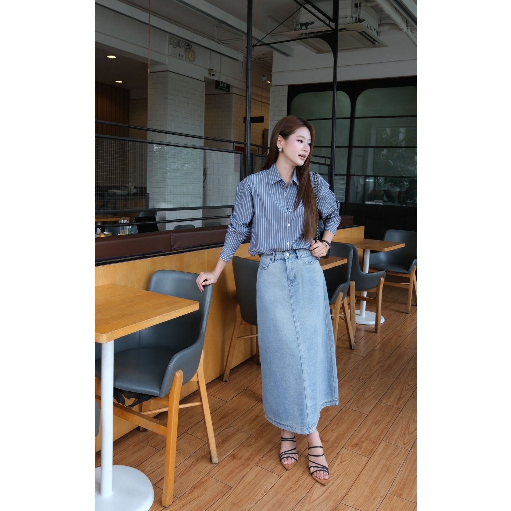 Áo sơ mi sọc nữ GILLEE (nhiều màu) dáng dài phối túi sọc ngang vải cotton cao cấp thoáng mát FAS381 | BigBuy360 - bigbuy360.vn