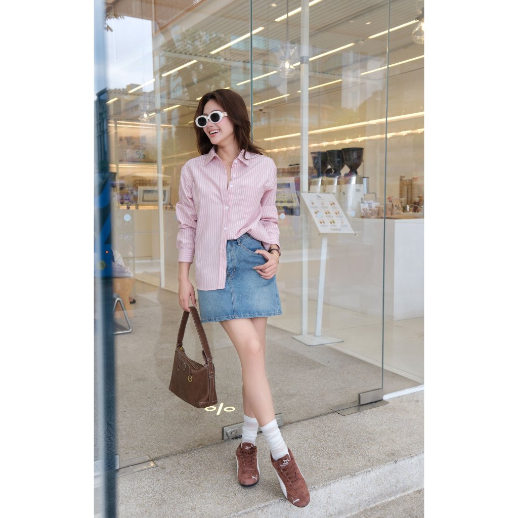 Áo sơ mi sọc nữ GILLEE (nhiều màu) dáng dài phối túi sọc ngang vải cotton cao cấp thoáng mát FAS381 | BigBuy360 - bigbuy360.vn