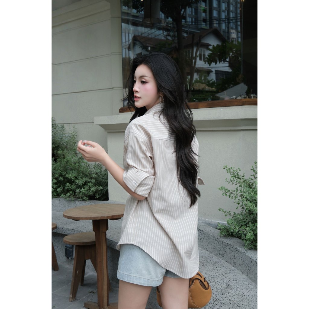 Áo sơ mi sọc nữ GILLEE (nhiều màu) dáng dài phối túi sọc ngang vải cotton cao cấp thoáng mát FAS381 | BigBuy360 - bigbuy360.vn