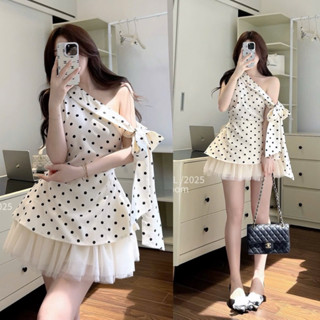 [S2.4136] Set Áo Lệch Vai Chấm Bi Buộc Nơ Mix Chân Váy Lưới Bồng Bềnh 2 Lớp