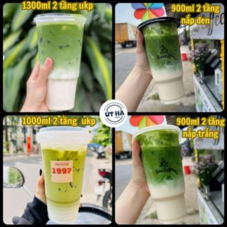 [Hàng đẹp] Set 50 Ly/cốc nhựa cao 2 tầng 1300ml 1000ml 900ml kèm nắp phẳng, nắp cầu đựng trà sữa, trà đào, full topping