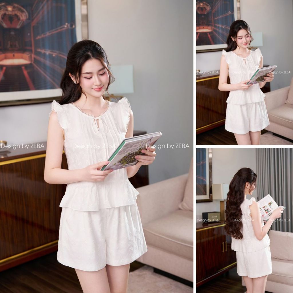 Bộ Mặc Nhà Nữ ZEBA Ren Thêu trắng cao cấp sang chảnh